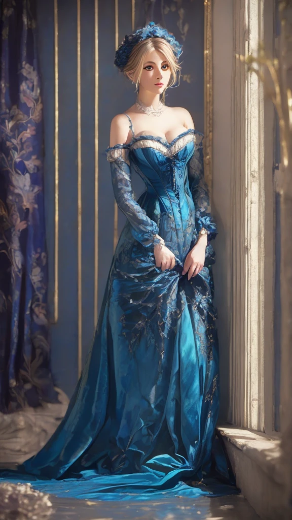 a painting of a woman in a blue dress standing on a ledge, a fine art painting by Louise Catherine Breslau, trending on cgsociety, fantasy art, victorian blue dress, intricate victorian dress, in victorian aristocrat, a beautiful victorian woman, fantasy victorian art, dressed beautiful gown, beautiful detailed elegant, victorian dress, beautiful detail and color