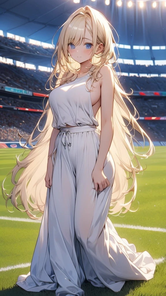 a pretty hungarian girl 20 years old,big breast,long hair,messy,fluffy,blonde,with a silver t-string tong,topless,posing on a soccer field inside a stadium