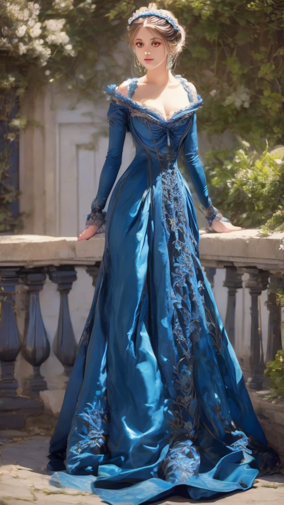 a painting of a woman in a blue dress standing on a ledge, victorian blue dress, intricate victorian dress, in victorian aristocrat, a beautiful victorian woman, fantasy victorian art, dressed beautiful gown, beautiful detailed elegant, victorian dress, beautiful detail and color, elegant. highly detailed, beautiful flowing fabric, beautiful maiden, intricate and elegant, victorian lady, beautiful gown
