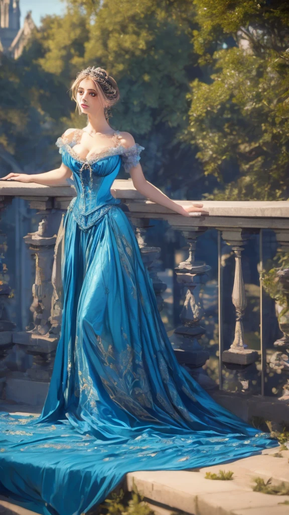 a painting of a woman in a blue dress standing on a ledge, victorian blue dress, intricate victorian dress, in victorian aristocrat, a beautiful victorian woman, fantasy victorian art, dressed beautiful gown, beautiful detailed elegant, victorian dress, beautiful detail and color, elegant. highly detailed, beautiful flowing fabric, beautiful maiden, intricate and elegant, victorian lady, beautiful gown