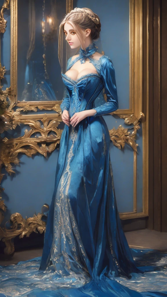 a painting of a woman in a blue dress standing on a ledge, victorian blue dress, intricate victorian dress, in victorian aristocrat, a beautiful victorian woman, fantasy victorian art, dressed beautiful gown, beautiful detailed elegant, victorian dress, beautiful detail and color, elegant. highly detailed, beautiful flowing fabric, beautiful maiden, intricate and elegant, victorian lady, beautiful gown