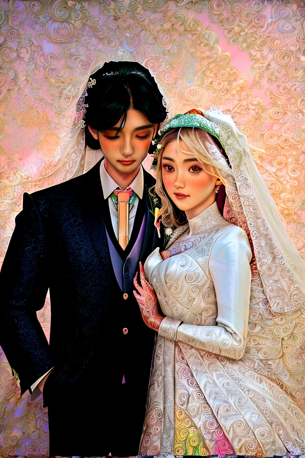 (masterpiece, top quality, top quality, official art, beautiful and aesthetic:1.2), (1 black-haired girl and 1 blonde-haired guy:1.3), highly detailed,(fractal art:1.2), colorful, highest detail,(zentangle :1.2), (pose :man holding girl's chin) , (wedding background:1.5), (wedding outfit:1.2), (glowing skin), (many colors:1.4), full body