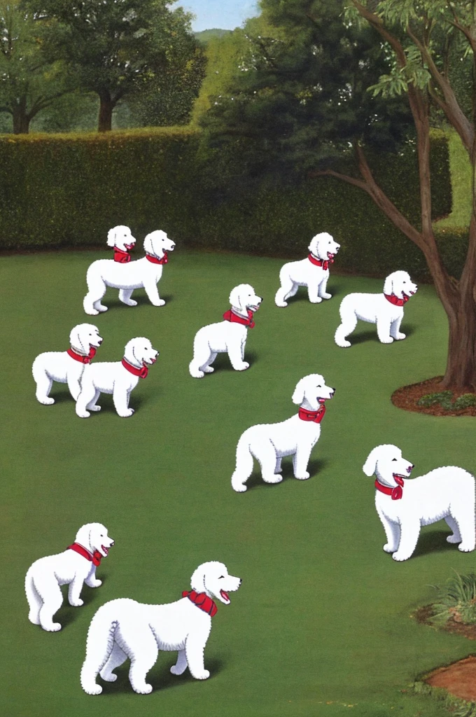 Five white poodles playing in a yard