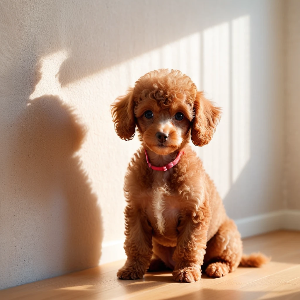 Toy poodle puppy indoors, bark,noon, summer, Volumetric Light,Facing the wall,