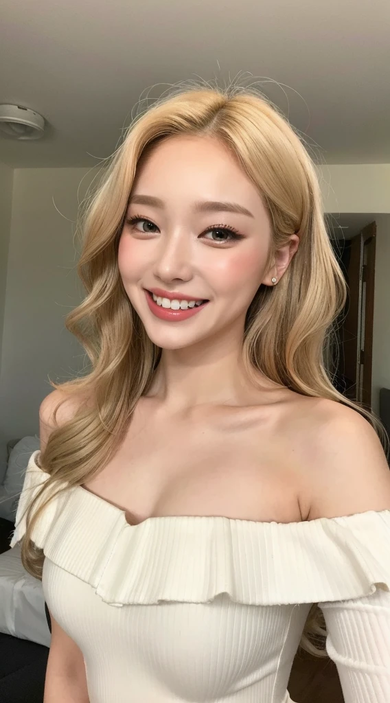 Surreal beautiful woman with blonde wavy hair and a big smile on her face.South Korea.Pure white off-shoulder low-cut dress.role play