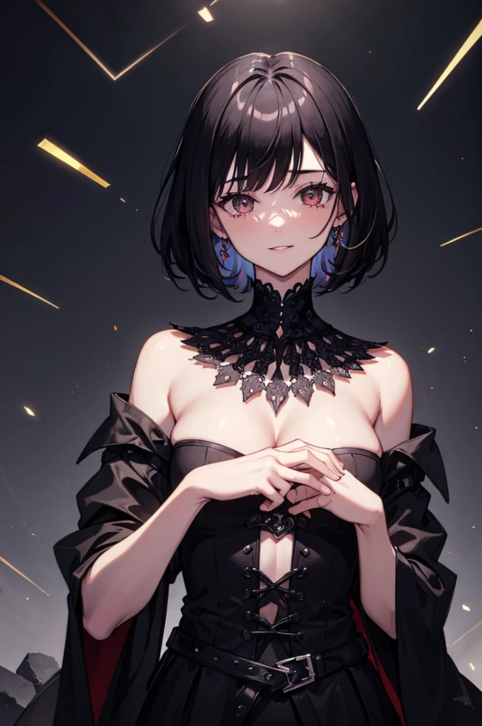 (Absurd, High resolution, Ultra-detailed), masterpiece, Highest quality, A man wearing black clothes and a black cloak, Has a black hole ,Holding a black hole in hand , 公式characterアート, short hair, Black Hair, Black red glowing eyes, Finely grained, Spiky Hair, City in Ruins, Dark Background, Black Swirl, Black swirl, Looking up from below, Looking up, Grin, character