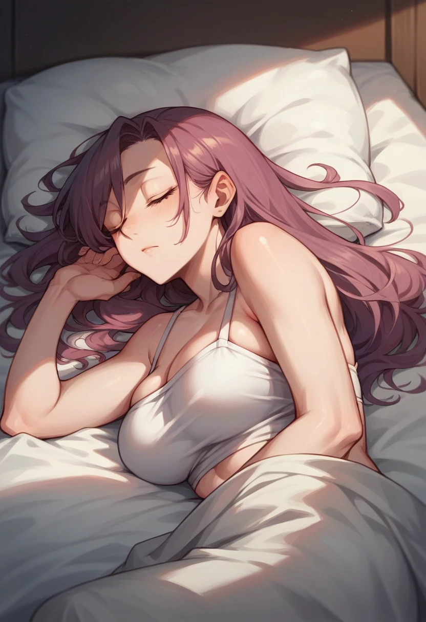 A woman is sleeping with large and visible breasts