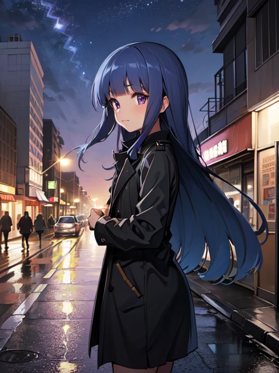 (Ultra-high resolution), (masterpiece), (Attention to detail), (high quality), (最high quality) , One Girl, (furude rika), Blue Hair, Purple eyes, Long Hair, blunt bangs, bangs,On a street corner at night、A woman in a black trench coat is standing alone。The city lights are in the background、There is a sense of urban brilliance。