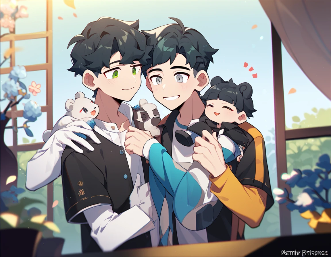2 young men, focus man , Yaoi, family, 1 daughter, 2 twin sons, portable princess, bear, look elsewhere, smile, short hair, black hair, green eyes, black hair, gray eyes , The best aesthetics , best quality, Amazing quality, The best aesthetics, nonsense,bright