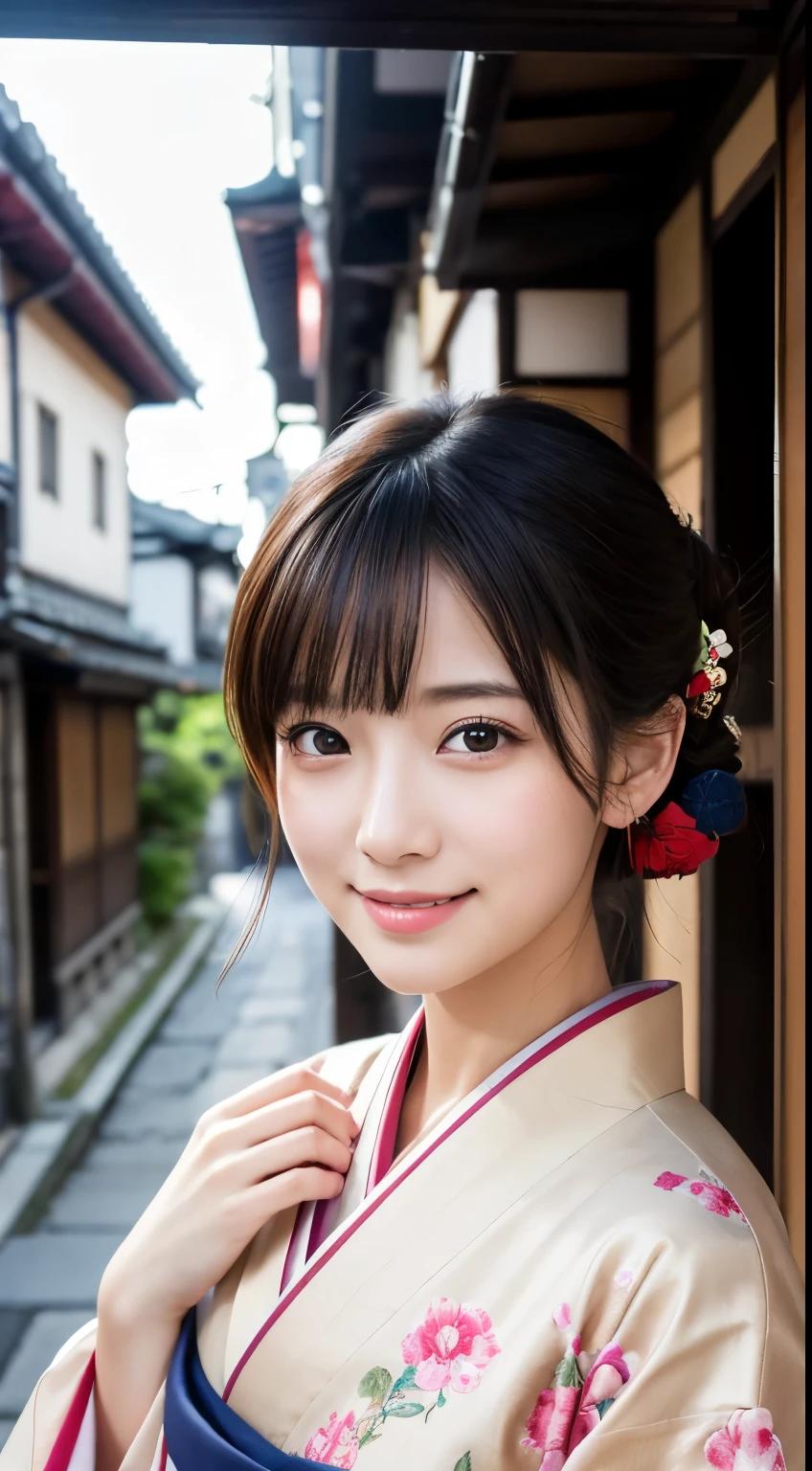Professional Lighting,(Photorealistic:1.4), (Top image quality:1.0), (超A high resolution:1.0), 8K, Raw photography, (masterpiece:0.2), (Facing the children_v1:0.5)、(最高quality Detail:1.2)、Realistic、8K Ultra HD、High resolution、(1 girl:1.2)、超detailedな、High quality textures、複雑なdetailed、detailed、Very detailed CG、High quality shadows、detailed 美しく繊細な顔、Beautiful details and a delicate eye、(Symmetrical eyes:1.2),Written boundary depth、Ray Tracing,1 girl, Japanese Girls, (Natural smile:1.4),cute, thin, Portrait of a beautiful Japanese woman in a kimono, Standing elegantly on a street corner in Kyoto. Kimono with vibrant traditional patterns, Hair decorated with elegant and delicate hairpins, Gentle expression. (With the old streets of Kyoto in the background:1.4)、The soft light of a spring afternoon、Adding tranquility to the scene. Rendered in a Realistic style with great attention to detail, High resolutionの画像.Sky Porn, Magic Hour, (Realistic:1.3), finely, quality, (Tabletop:1.2), (Realistic:1.2), (最高quality), (複雑なdetailed), dramatic, Ray Tracing, photograph, +roller