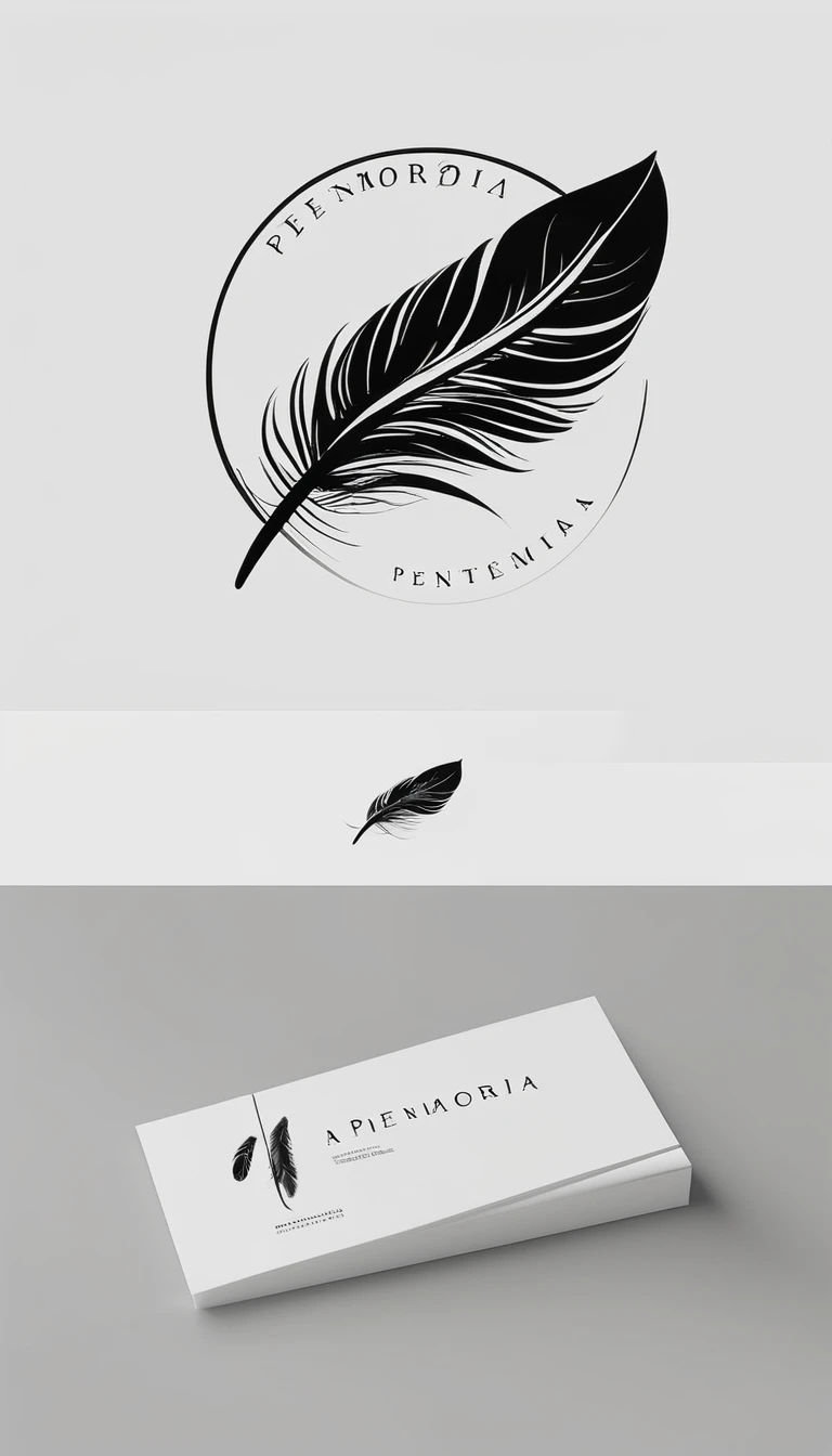 A minimal, modern, simple, cinematic logo design for the brand “Penamemoria". Create a modern, minimalistic, high-quality, logo of a bird feather