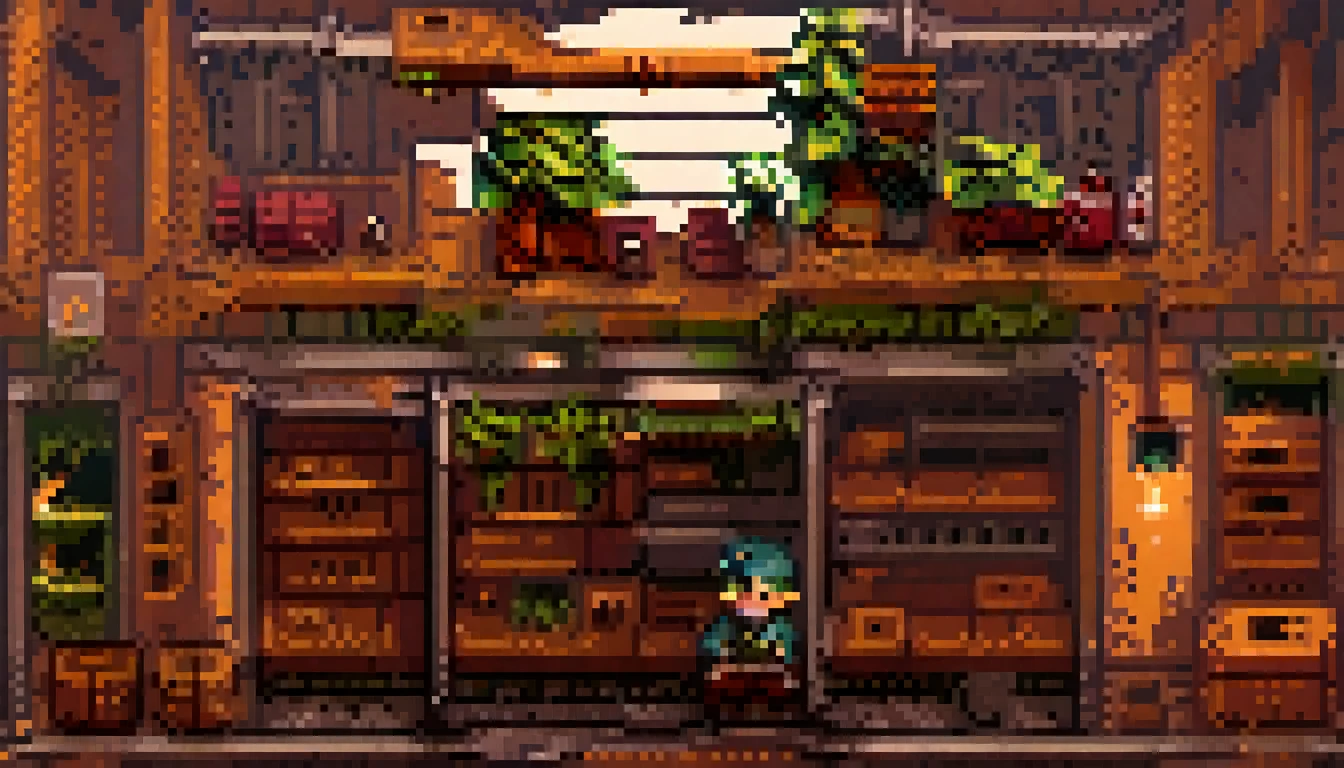 score_9, score_8_up, score_7_up, Pixel art, A boy sitting in an abandoned train station, plants, cats, sunny, diagonal lights, ruins