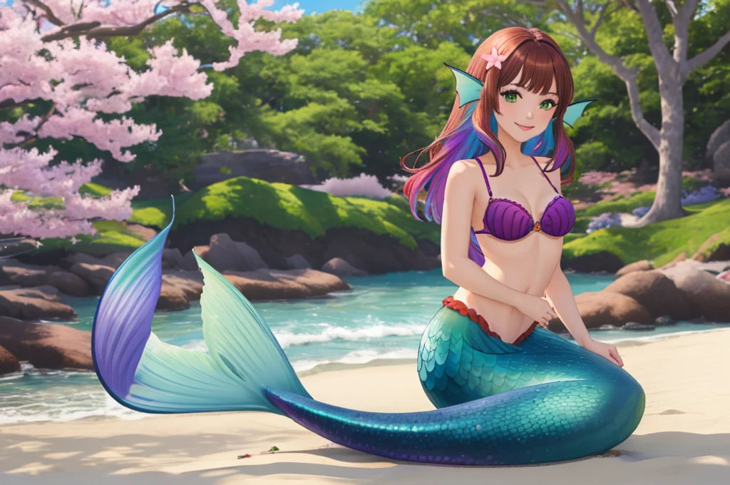 masterpiece, best quality:1.2), 1girl, smile, looking at viewer, green eyes, short brown multicolored hair, mermaid, mermaid girl, wearing purple seashell bra, laying on beach, colorful mermaid tail, outdoors, head fins, fin ears, under cherry blossoms