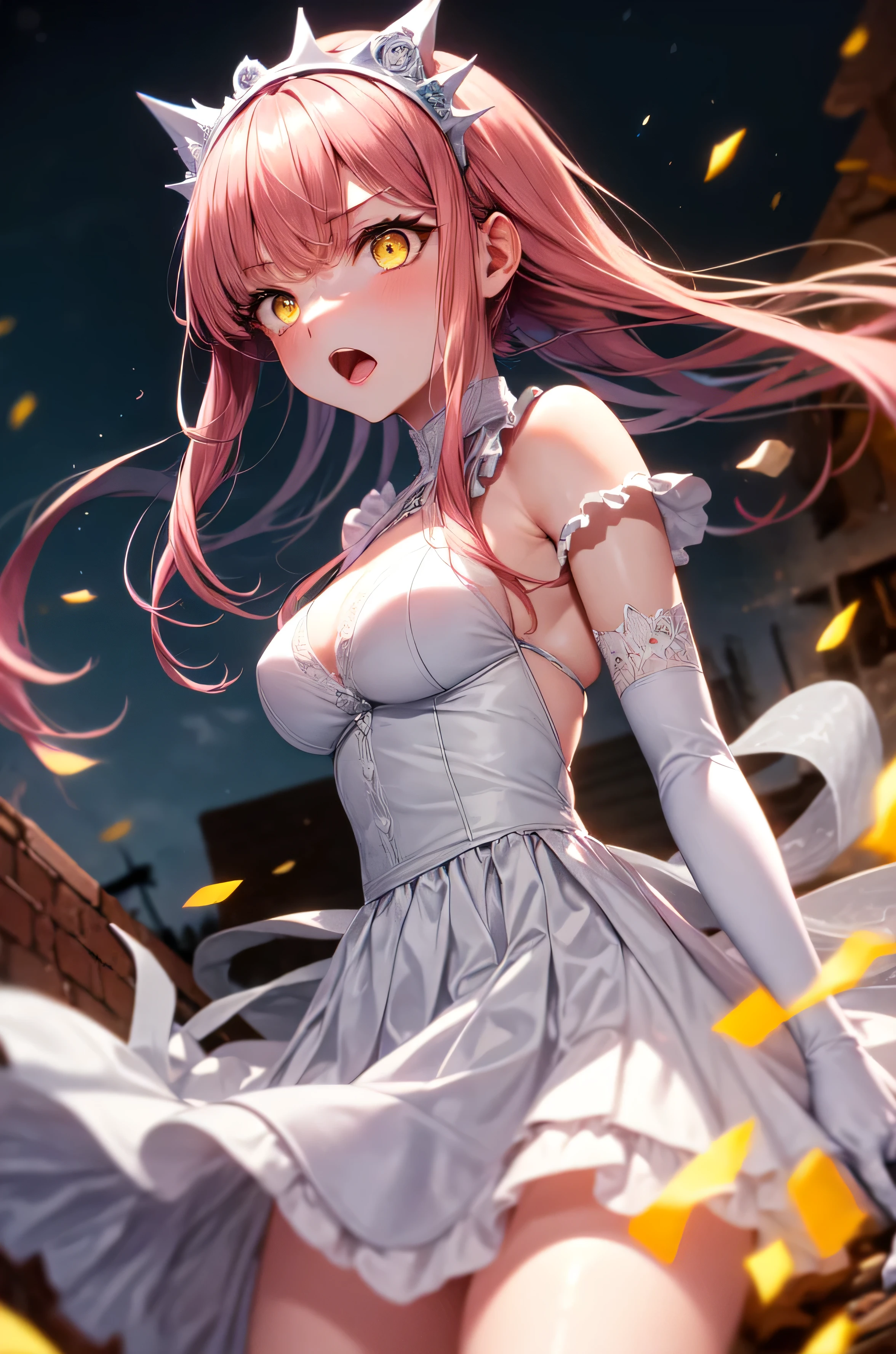1 girl, cowboy shot, rubble ruins, anger, (battle preparation:1.2), open your mouth, (night:1.2), explosive inflammation, woman, medb, long hair, pink hair, (yellow eyes:1.5), elbow gloves, gloves, white gloves, dress, white dress, skirt, white skirt, tiara, highest quality, masterpiece, High resolution, arm out,