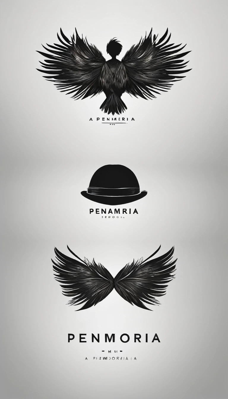 A minimal, modern, simple, cinematic logo design e of a boy with a head full of feathers for the brand “Penamemoria" .