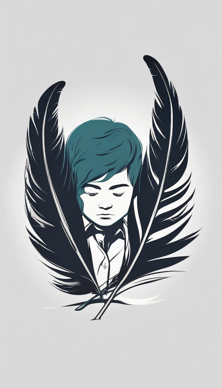 A minimal, modern, simple, cinematic logo design e of a boy with a head full of feathers for the brand “Penamemoria" .