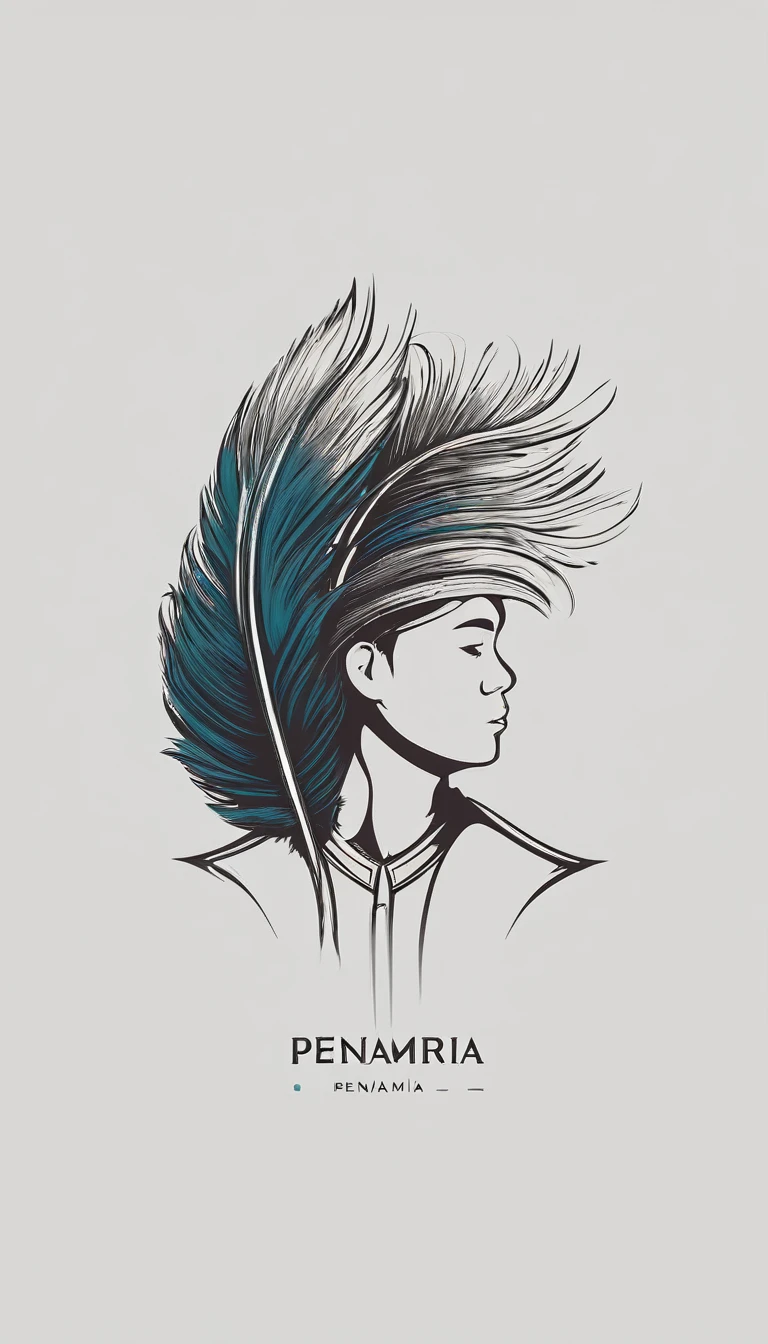 A minimal, modern, simple, cinematic logo design e of a boy with a head full of feathers for the brand “Penamemoria" .