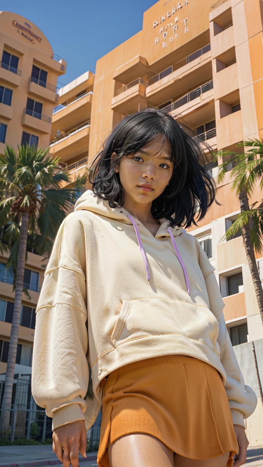 1 girl, wear ((orange oversized hoodie)), (purple tennis skirt),Best Quality,Masterpiece,Ultra High Resolution,(Realisticity:1.4),Original Photo, 1Girl, light leak,dark intens shadow,ultra high resolution,UHD,beautiful, black bob hair, almond eye, no makeup, in front of 80's architecture colorful motel, (from below:1.2), (realistic:1.2), (surreal:1.3), (very detailed:1.1), ((masterpiece)),summer, blue sky, palm trees,sunny, los angles vibes