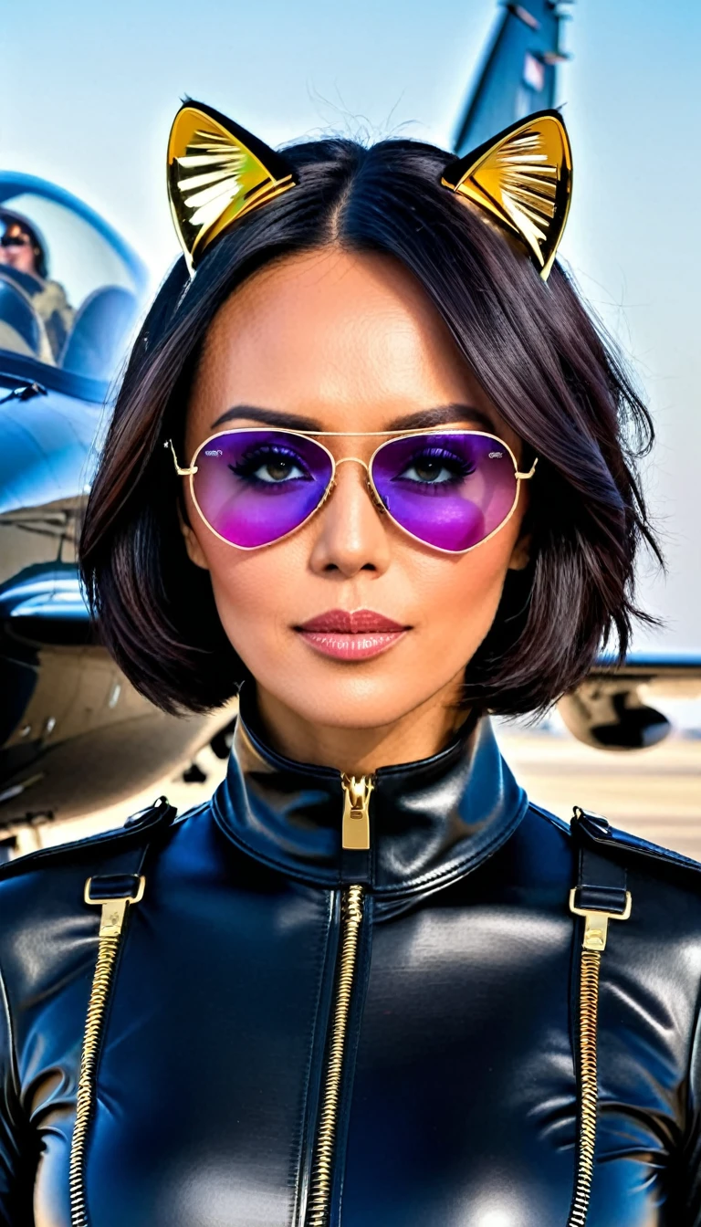 Create a realistic image of Lexa Doig with short black hair, styled in a bob, wearing a black leather catsuit with a high collar and a zipper down the front. She has a pair of cat ears on her head and is wearing aviator goggles with pink lenses on her forehead. The outfit is adorned with gold and blue patches, adding a sense of authority and style. In the background, there are fighter jets flying in formation, suggesting a military or aviation theme. The woman's expression is serious and focused, with a hint of determination.
