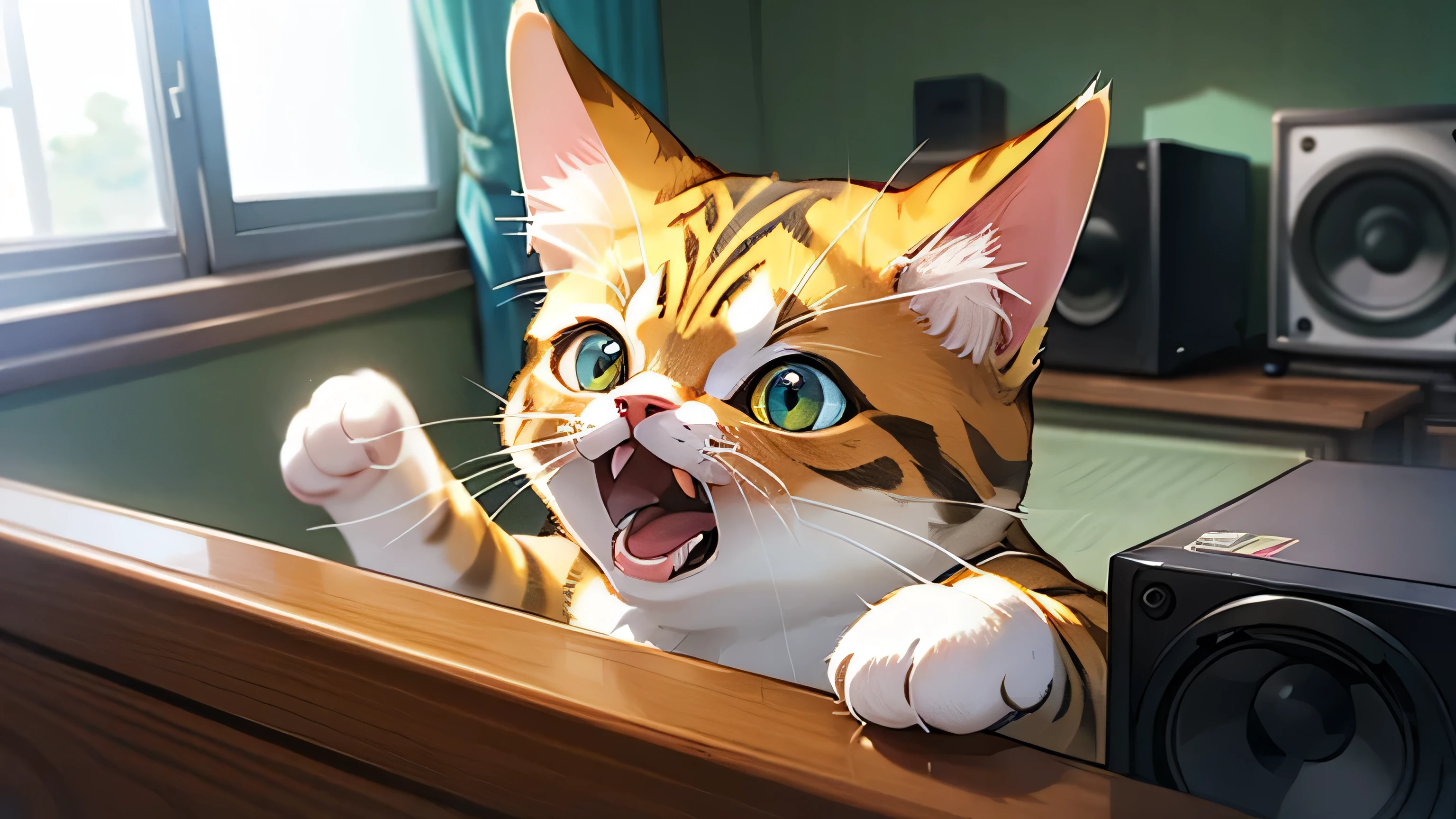 Room with speakers、Real Cat、Upper body close-up、noon、Yawn