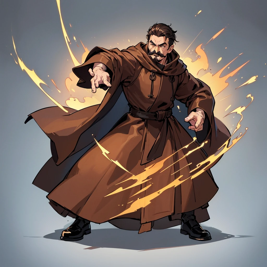 ((((Full body character concept))))、Highest quality, Best Quality,Best illustrations、middle ages、(((Simple brown robe)))、(40-year-old uncle、Kaiser moustache)、(Close your eyes、get annoyed)、Dramatic Angle、(Fighting stance、Movement angle、Flighting Pose)、(Black leather shoes)