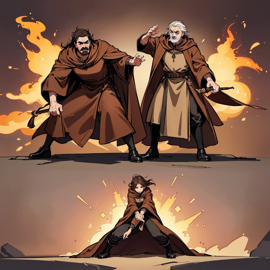 ((((Full body character concept))))、Highest quality, Best Quality,Best illustrations、middle ages、(((Simple brown robe)))、(40-year-old uncle、Kaiser moustache)、(Close your eyes、get annoyed)、Dramatic Angle、(Fighting stance、Movement angle、Flighting Pose)、(Black leather shoes)