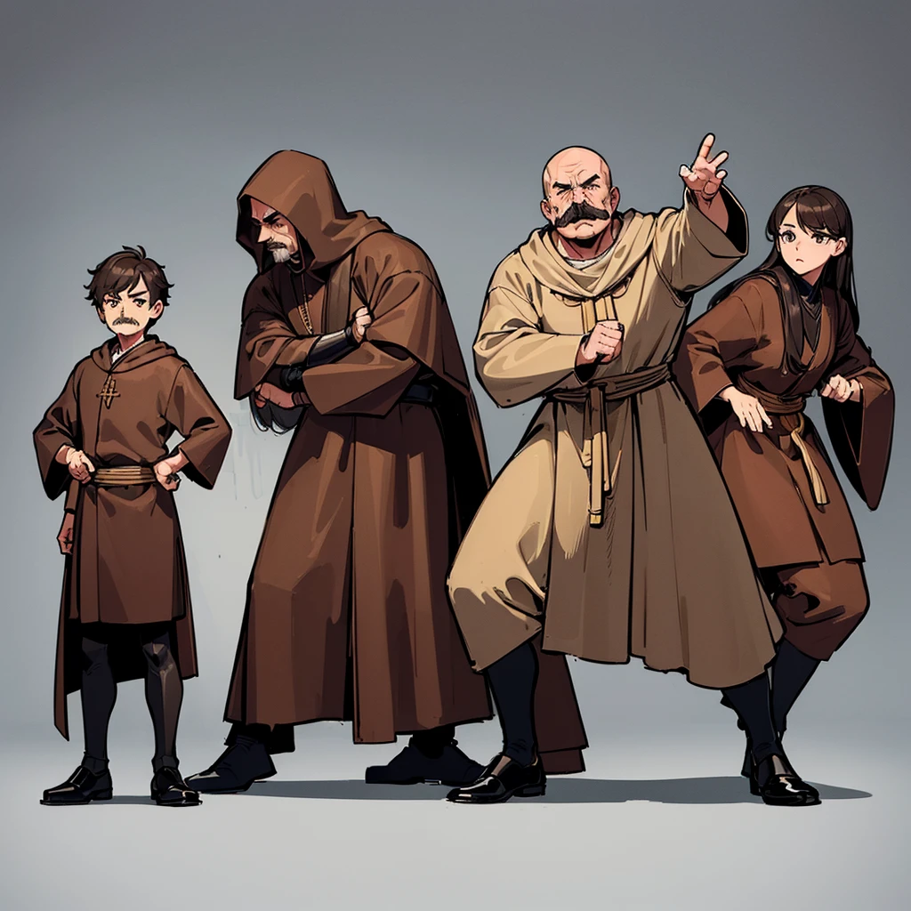 ((((Full body character concept))))、Highest quality, Best Quality,Best illustrations、middle ages、(((Simple brown robe)))、(40-year-old uncle、Kaiser moustache)、(Close your eyes、get annoyed)、Dramatic Angle、(Fighting stance、Movement angle、Flighting Pose)、(Black leather shoes)