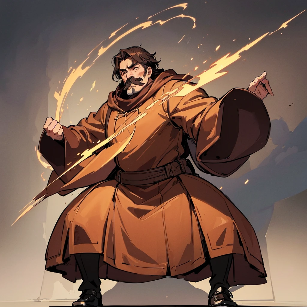 ((((Full body character concept))))、Highest quality, Best Quality,Best illustrations、middle ages、(((Simple brown robe)))、(40-year-old uncle、Kaiser moustache)、(Close your eyes、get annoyed)、Dramatic Angle、(Fighting stance、Movement angle、Flighting Pose)、(Black leather shoes)