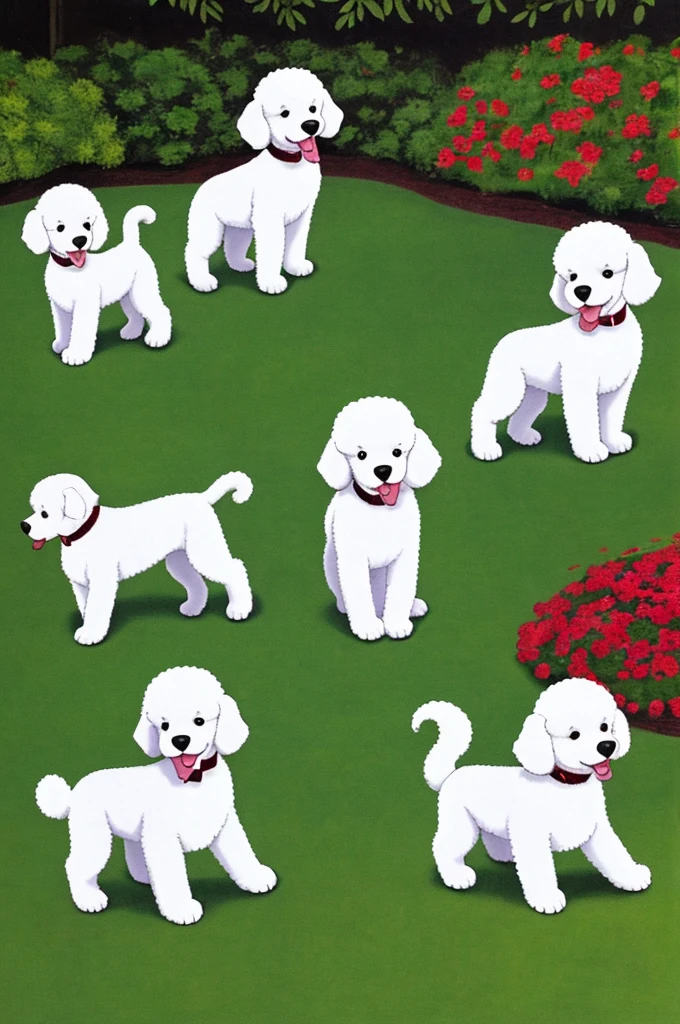 White poodle puppies playing in a yard
