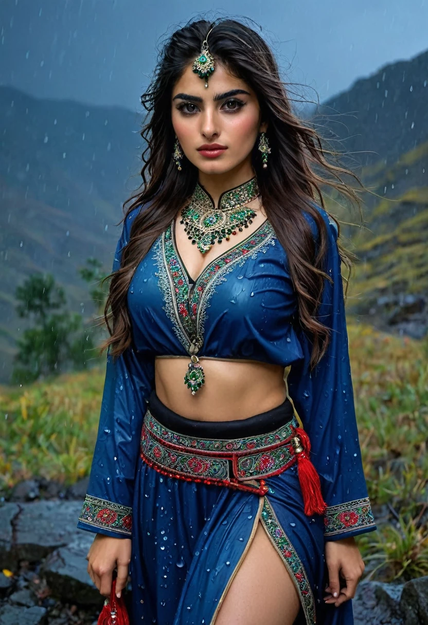 In the middle of a rainy night among the mountains there is a beautiful 23-year-old Persian woman wearing a typical costume of her culture., she has a perfect body, a perfect face, carry a weapon ready for any attack,