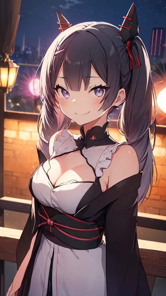 prompt（Re-adjusted version）
beautiful, masterpiece, Highest quality, HiqCG Body, anime, (1 Girl:1.5), (Small :1.2), Portrait Shot, View your viewers, Wet Skin, Intricate details, Little Woman, Her eyes were shining like dreamy stars.,(Shining Eyes:1.3),(Beautifully detailed eyes:1.1)、[[Delicate fingers and hands:0.55]::0.85],(Detailed reference),(Thick black hair, Eyes are bright purple,(Sharp Eye:1.3), (tsurime:1.5), Twin tails,Straight Hair,(Asymmetrical bangs:1.2),(Blunt Bangs:1.3), (hairpin:1.2), Young face,Childliall devil,Succubus,Vampire,Double teeth,Small corner),(kimono),Dynamic Pose,(yandere:1.1),(yandere smile:1.3),(smirk:1.3) ,Cleavage,Higshot、(night:1.4)、(full moon:1.1),Focus on the chest,(Shake your head:1.2), Thick black hair, kimono, firework