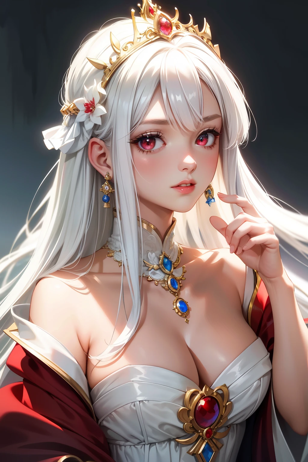 (best quality:1.1), (Masterpiece:1.2), Young woman, Shiny white hair, red eyes, long hair, ใบหน้าbeautiful, luxary princess dress, Medium bust, beautiful, collarbone, open chest, Bright face,  Royal high, งานปาตี้ background, เครื่องประดับหรูหรา ((Highest quality, Best Performance, Maximum details, Light and shadow details:1.2, 4k details))