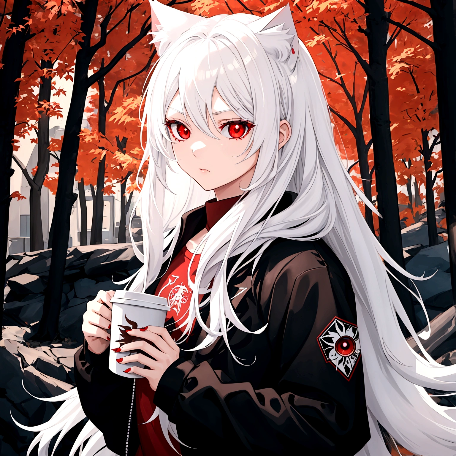 1 girl, beautiful, cool, intimidation, long hair, white hair, cat ear, red eye, black jacket, red t-shirt, holding a coffee, nature place, anime, perfect, masterpiece, detailed