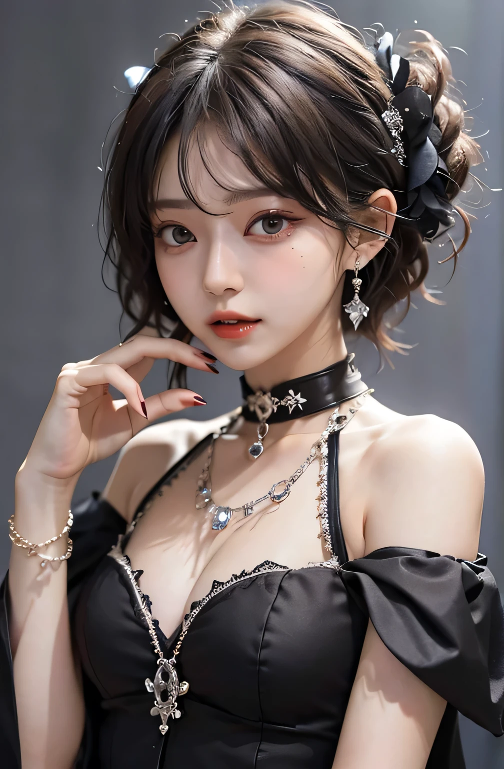 (Highest quality:1.3)、(masterpiece:1.3)、sharp、(Perfect body beauty:1.2)、(Night Scene:1.3)、(Black Dress:1.3)、(Luxurious Room:1.2)、(chain:1.2)、Highly detailed face and skin texture、Detailed eyes、double eyelid、short hair、boyish、unisex、Big eyes、necklace、((One Woman))、bracelet、Earrings、choker、ring、chain accessories、chain、Thick chain collar、(restrain with chains)、((fall to the dark side))、((evil princess))、((Cleavage))、((Side boob))、Off the shoulder、(palace)、((Fantasy Castle))、((The Devil's Bride))、((devil princess))、((Blushing))、(looking at the camera)、(chain choker)、(Little devil horns)、((devilize))、(temptation)