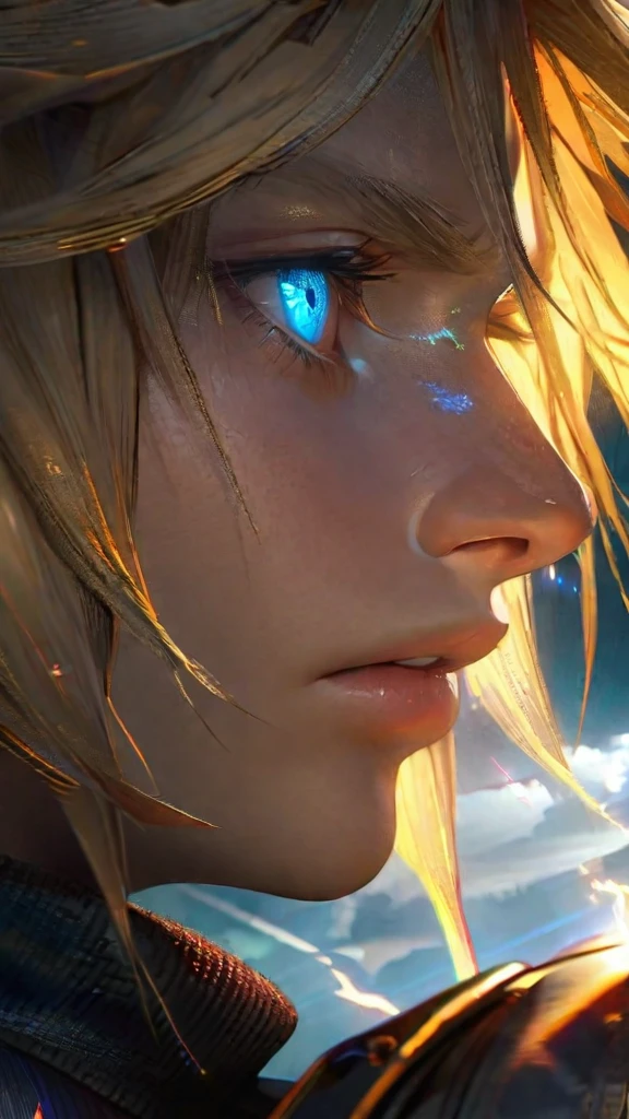 Symetrical,absurdres, highres, ultra detailed, HDR, masterpiece, extremely detailed face and eyes, Cloud Strife,final fantasy 7, yellow hair , , solo, man, handsome, ,blue eyes, , Epic fight scene, yellow lightning effect, glowing glitters, symetrical , close up