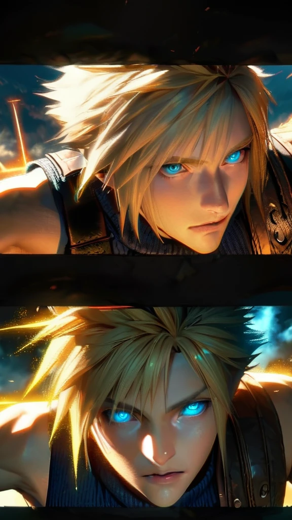 Symetrical,absurdres, highres, ultra detailed, HDR, masterpiece, extremely detailed face and eyes, Cloud Strife,final fantasy 7, yellow hair , , solo, man, handsome, ,blue eyes, , Epic fight scene, yellow lightning effect, glowing glitters, symetrical , close up