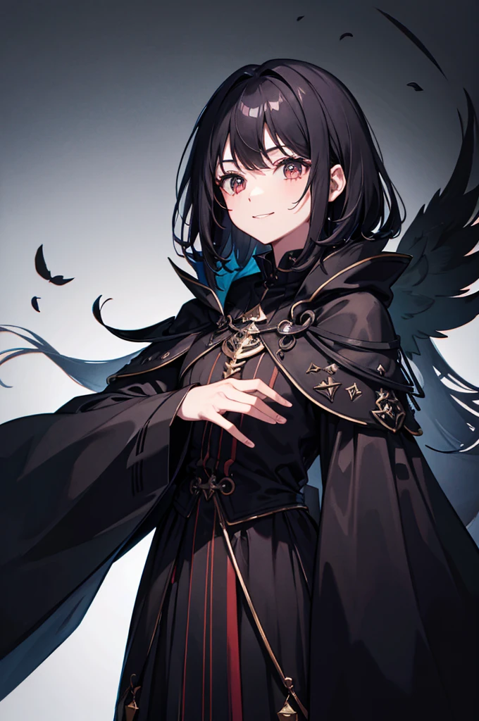 (Absurd, High resolution, Ultra-detailed), masterpiece, Highest quality, A man wearing black clothes and a black cloak, Has a black hole ,Holding a black hole in hand , 公式characterアート, short hair, Black Hair, Black red glowing eyes, Finely grained, Spiky Hair, City in Ruins, Dark Background, Black Swirl, Black swirl, Looking up from below, Looking up, Grin, character