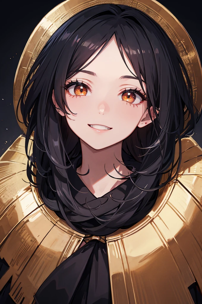 (Absurd, High resolution, Ultra-detailed), masterpiece, Highest quality, A man wearing black clothes and a black cloak, Has a black hole ,Holding a black hole in hand , 公式characterアート, short hair, Black Hair, Black red glowing eyes, Finely grained, Spiky Hair, City in Ruins, Dark Background, Black Swirl, Black swirl, Looking up from below, Looking up, Grin, character