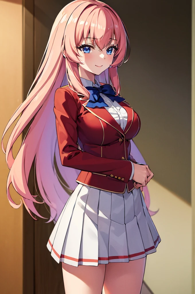 (masterpiece, best quality:1.5), (ultra detailed:1.4), super fine illustration, perfect anatomy, 8k portrait, (official art:1.1), anime screencap, 
1girl,
Ichinose honami, 
Ichinose honami \(youjitsu\),
long hair, 
pink hair, 
blue eyes, smile, standing, 
blue bow, 
large breasts, 
, red jacket, long sleeves, white skirt, pleated skirt, black calf socks, 
looking at viewer, 
cowboy shot, 
perfect light, background of indoor, 