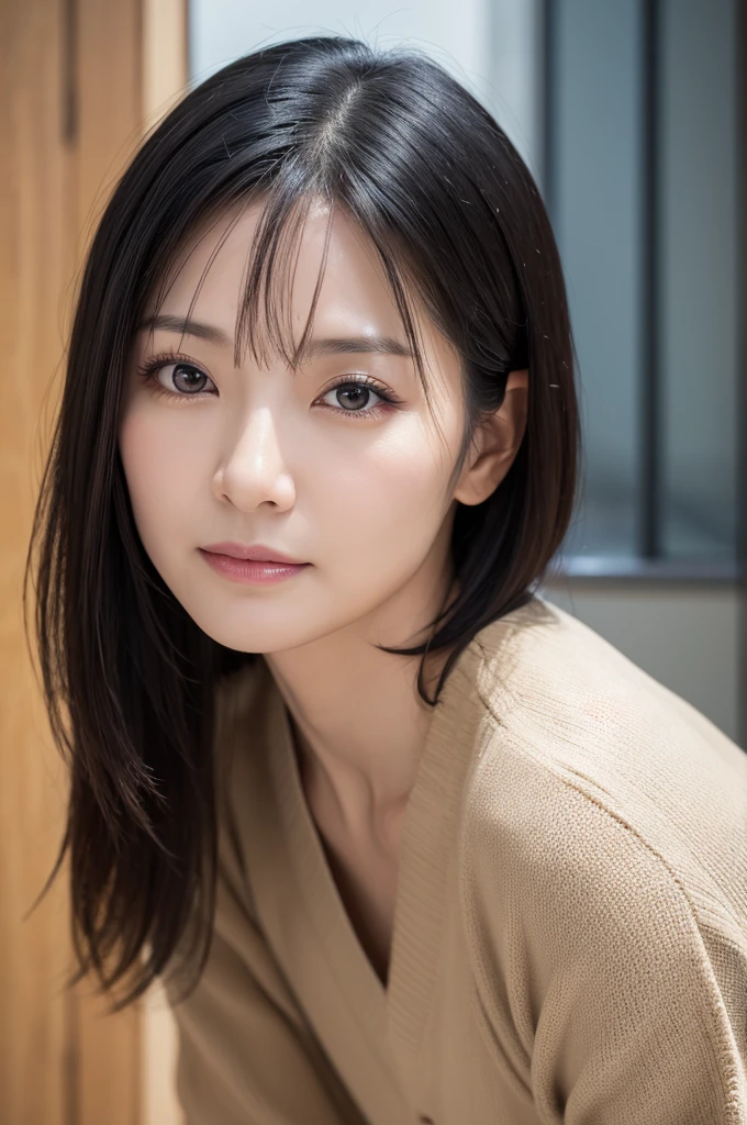 Beauty Witch,face,ID photo,faceアップ,60age、Portraiture, 8K, high quality, Realistic Photographic Images, age, Japanese women, Neat and clean wife, Small breasts, small, housewife, Natural and realistic eyes, Japan Person Stand, small, beautiful Black Hair, short hair, light makeup, Octane Rendering, Beautiful lighting, Golden ratio composition, 笑face, Casual wear, Casual clothing, Natural background, Blurred Background, 8K, high quality, Realistic Photographic Images, Japanese women,60age, 純日本face, Beautiful wife, small breasts, light makeup, No makeup, Pure beauty, Mature Woman, gray, beige, Thin blue, Sober, Casual clothing, 笑face, Black Hair, small black eyes, Background Blur