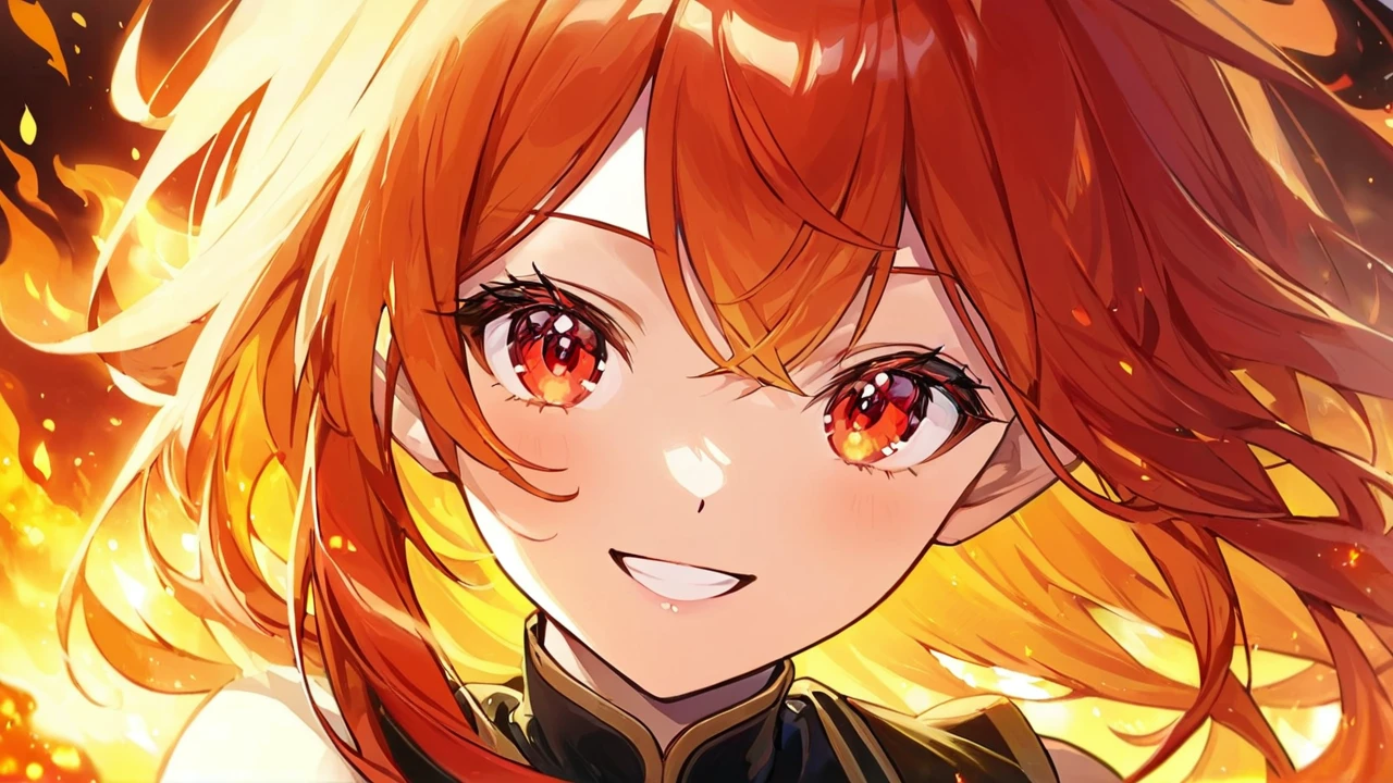 ((half body Portrait of a fire elf)), animestile, red flowing hair, shiny red eyes,( medium length pointy ears),orange fire around, flaming theme, burning atmosphere, (detailed sexy Chinese style costume:1.2), red glowing tattoos, orange crystal jewelry, light smile, mature body, colorful ,by Mappa studios,masterpiece,best quality,official art,illustration,ligne claire,(cool_color),perfect composition,absurdres, fantasy,focused,rule of third, close up portrait