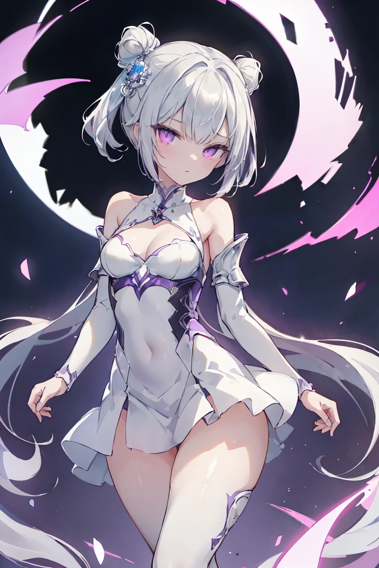 1girl, アニメ, cute girl, blank background, white background, fantasy, detailed fantasy dress with highlights, beautiful face, beautiful eyes, dark colors, black hair with multicolor streaks, red eye with different color pupil in eye, multicolor eye, medium breasts, slight cleavage, beautiful skin, cute, breast curtains, extremely delicate and beautiful, (beautiful detailed face:1.0), (detailed deep eyes), symmetrical breasts, deep eyes, shiny skin, portrait, slender waist, hips wider than shoulders, thighs, expressionless, young girl, luminous eyes, adorable，（Kpop idol）,（aegyo sal：1），（Platinum blonde hair：1），（（puffy eye）），Black panty，sexy posture，Superskirt, Ultra-high resolution，Black collar，slim figure, Abdominal y tattoo, womb tattoo，Tight-fitting leg ring，y tattoo on half-body，Bare skin, Armored hand，Hidden fingertips，Hand covered，Arm covered，Fist covered,{{beautiful detailed fingers}}, tufts of hair, moderate beautiful breast:1.0,(masterpiece:1.2), best quality, high-res, HDR, perfect face, intricate armor, delicate blue filigree, intricate filigree, red metalic parts, detailed part, dynamic pose, dynamic lights, cute face, neutral expression, shuimobysim, lotus, Hanfu, maxi skirt, dress conservatively 1girl, 独奏, long blue hair, standing, One lady,14years,((White hair) ,(Shiny purple bodysuit with microskirt),((Fantasy, Moon Night)), gradient_eyes,