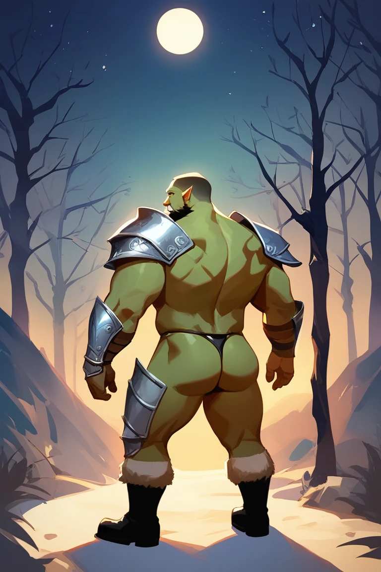 score_9, score_8_up, score_7_up, solo, male focus, bulk male, orc, green skin, tusks, beard, outdoors, micro armor , shoulder armor, breastplate, upper body, closed mouth, pauldrons, night, night sky, standing , boots , shirtless , (black g-string) , full body , black boots , backside , back side , rise ass up , massive ass , all four