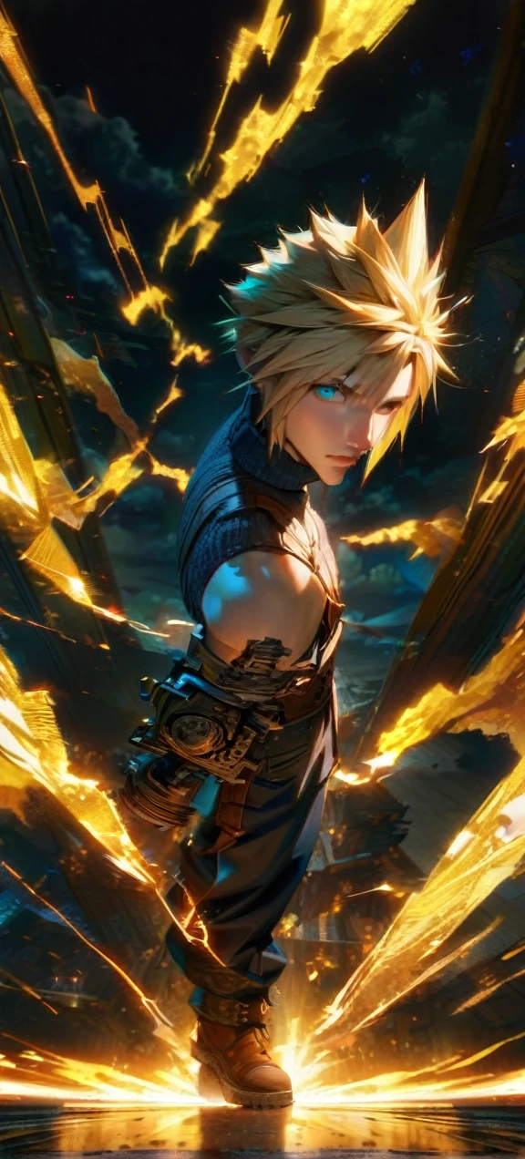 Symetrical,absurdres, highres, ultra detailed, HDR, masterpiece, extremely detailed face and eyes, Cloud Strife,final fantasy 7, yellow hair , , solo, man, handsome, ,, , cool pose, yellow lightning effect, glowing glitters, symetrical , full body view