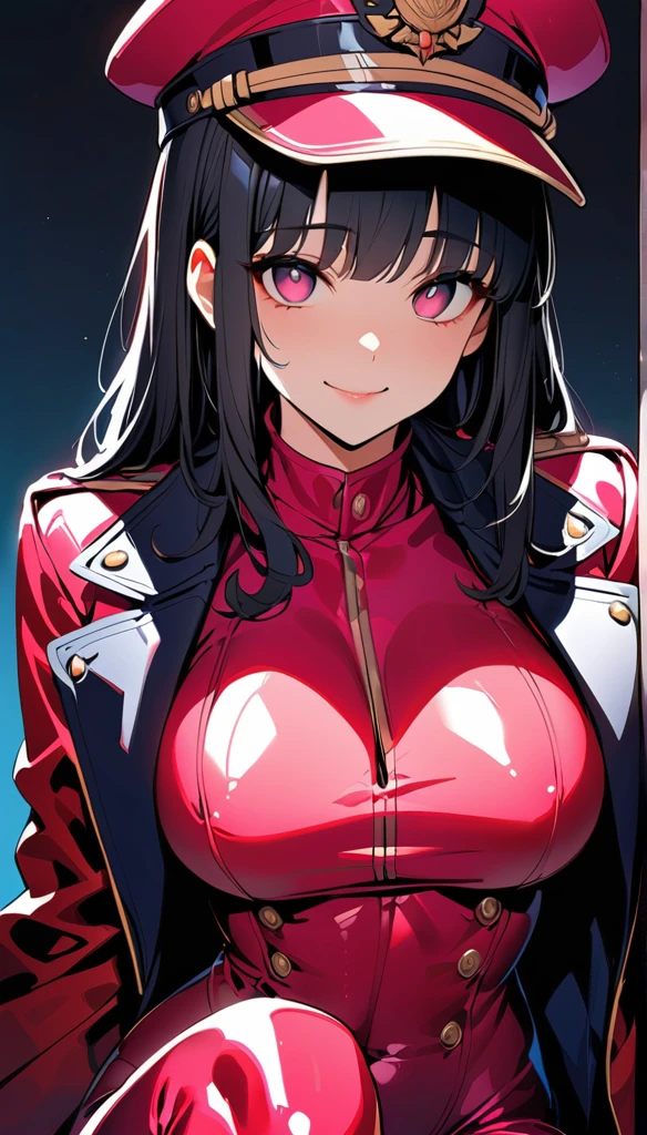 (highest quality:1.2, Anime artwork, Very detailed, High Detail, digital coloring, High Contrast, masterpiece:1.2, highest quality, Best aesthetics), 8k,masterpiece, cute,tall,beautiful,best quality, 1lady,black hair,long hair,empty eyes, (finely detailed empty pupils and detailed face),,,,extremely detailed cg unity 8k wallpaper,solo,(latex military costume:0.9),large breasts,seductive smile,military hat,latex thighhigh,large breasts,black hair,pink eyes,pink leotard,pantyhose,military coat,enamel suits,grossy lips,sitting,bust shot,sadistic smile,,heel,shiny skin,military coat,detailed face,beautiful body,full-body,adult,