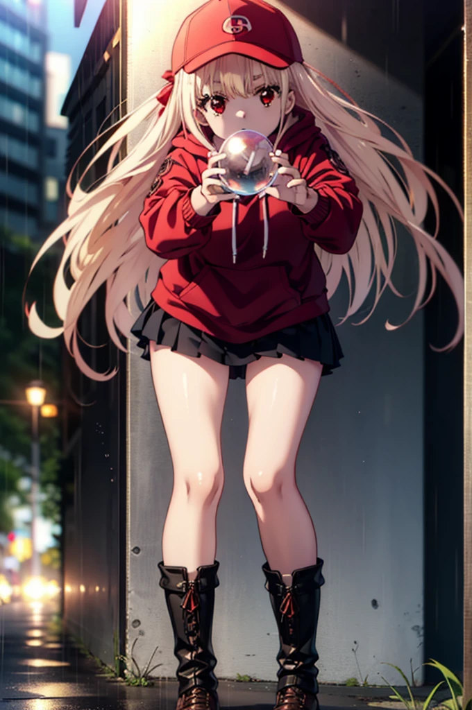 , Chisato Nishikigi, length, bangs, blonde, (Red eyes:1.5), Baseball cap,Oversized red hoodie,mini skirt,Black knee socks,short boots,Standing leaning against a wall,rain,cloudy,Hide under the roof,whole bodyがイラストに入るように,Blowing bubble gum,
break outdoors, alley,
break looking at viewer, whole body,
break (masterpiece:1.2), Highest quality, High resolution, unity 8k wallpaper, (shape:0.8), (Beautiful attention to detail:1.6), extレムely detailed face, Perfect lighting, extレムely detailed CG, (Perfect hands, Perfect Anatomy),