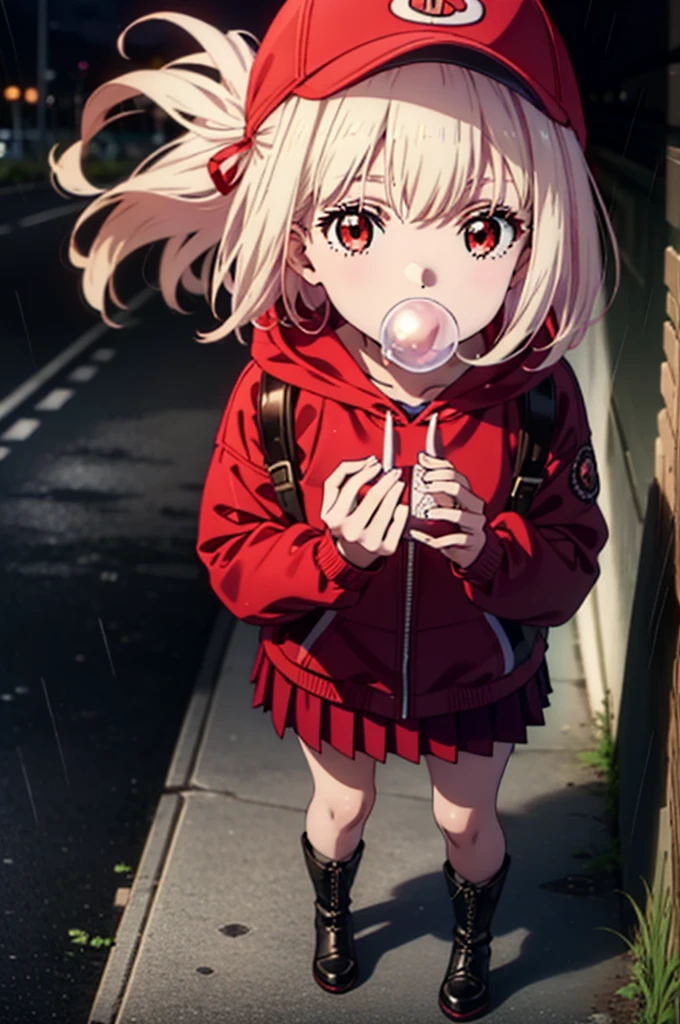 , Chisato Nishikigi, length, bangs, blonde, (Red eyes:1.5), Baseball cap,Oversized red hoodie,mini skirt,Black knee socks,short boots,Standing leaning against a wall,rain,cloudy,Hide under the roof,whole bodyがイラストに入るように,Blowing bubble gum,
break outdoors, alley,
break looking at viewer, whole body,
break (masterpiece:1.2), Highest quality, High resolution, unity 8k wallpaper, (shape:0.8), (Beautiful attention to detail:1.6), extレムely detailed face, Perfect lighting, extレムely detailed CG, (Perfect hands, Perfect Anatomy),