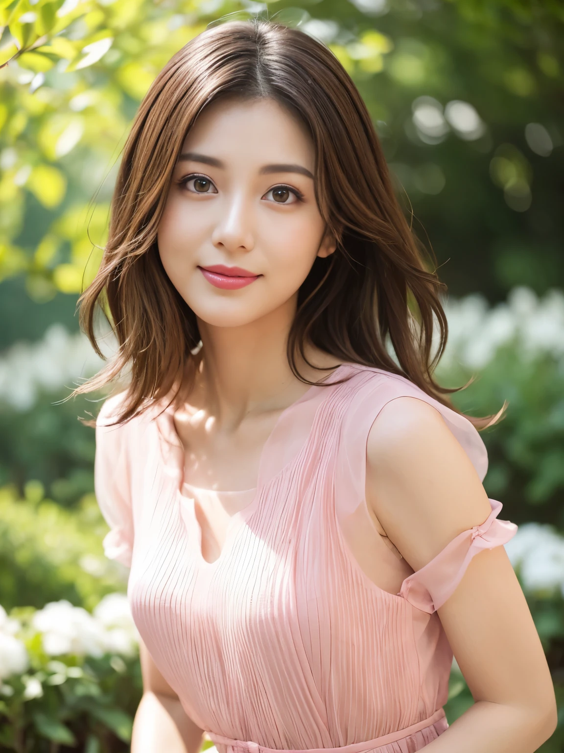 (RAW Photos), (Photo Real), (masterpiece), (Highest quality), High resolution, 8K resolution, (Intricate details), (Volumetric Light), Portraiture, woman, 30 years old, Medium Hair, Layered Hair, Brown Hair, Highly detailed eyes, Source order, Very thin eyebrows, Highly detailed skin, Highly detailed mouth, Highly detailed nose, Cute like an idol, smile, ((Pink lipstick)), ((Look at the viewers)), (An elegant and transparent red see-through short-sleeved dress), ((Randomly oriented bodies)), Green park background,