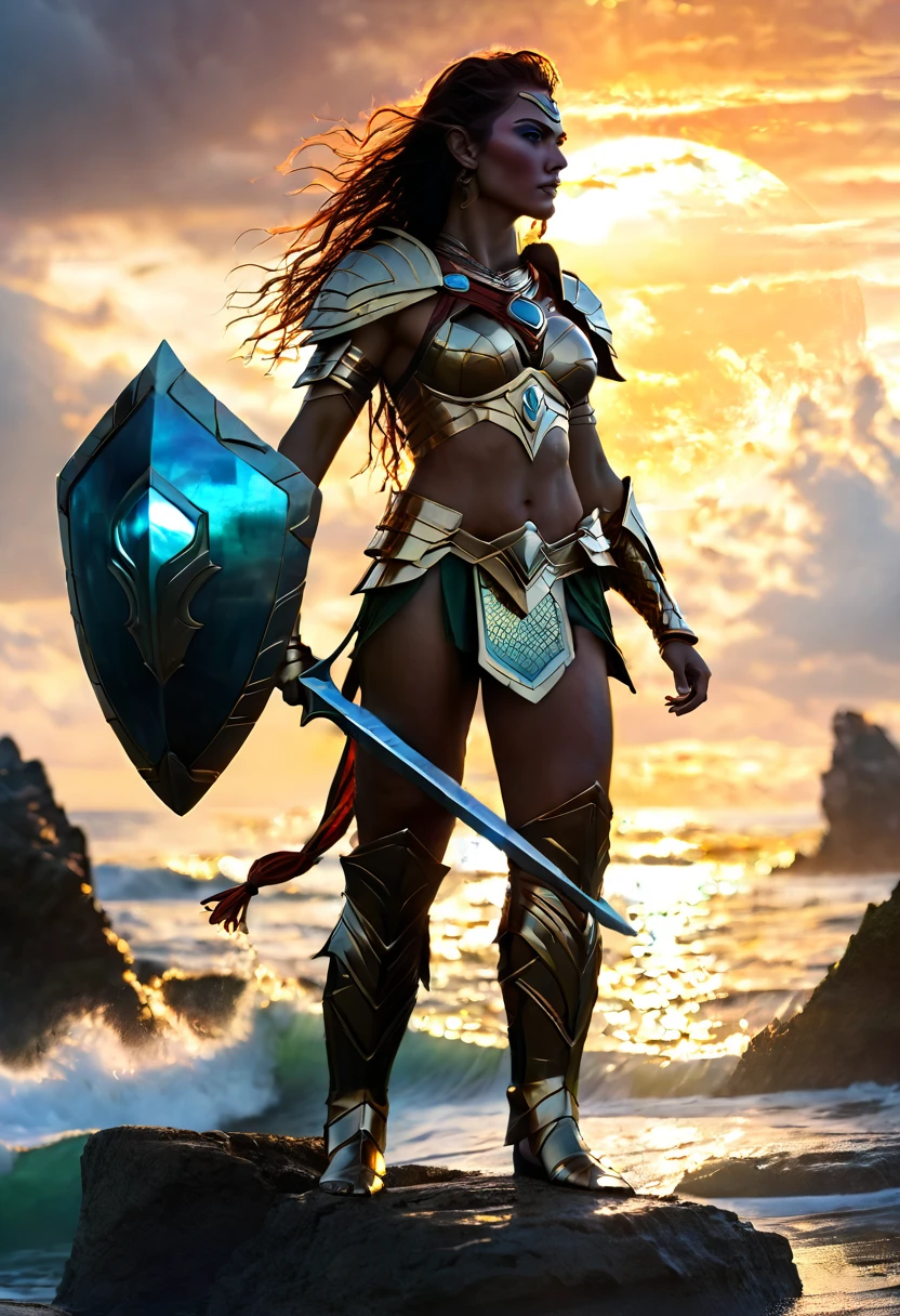 Atlantean warriors, Hedra, emerges as a luminary sunset by Greg Rutkowski and Raymond Swanland, Trending on Artstation, cloudy background, ultra realistic digital art