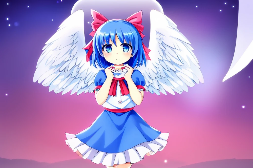 masterpiece, best quality, 1girl, , , 10 years old, medium blue hair, hair flaps, pink ribbon on head, well-formed face, blue eyes, angel girl, white blouse, puffy short sleeves, red ribbon, angel wings, long white skirt, red shoes, frills, ribbon head